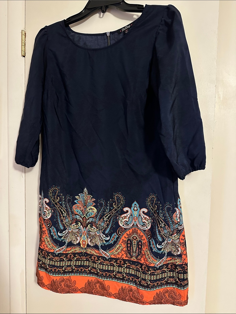 BeBop Navy Shift Dress with Orange Paisley Border